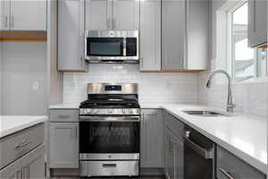 Kitchen featuring tasteful backsplash, gray cabinets, sink, and stainless steel appliances