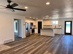 Kitchen with a kitchen island, stainless steel appliances, ceiling fan, white cabinetry, and dark wood-type flooring