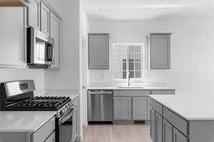 Kitchen featuring stainless steel appliances, light wood-type flooring, sink, and gray cabinetry