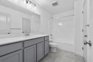 Full bathroom featuring bathing tub / shower combination, vanity, toilet, and tile patterned floors