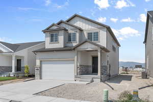 Craftsman-style house with a garage, central AC, and a mountain view