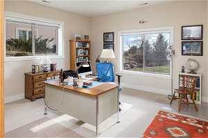 Carpeted office space with plenty of natural light