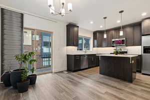 Kitchen with plenty of natural light, pendant lighting, and stainless steel appliances