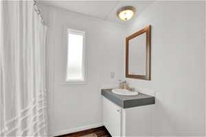 Bathroom featuring a healthy amount of sunlight, large vanity, and hardwood / wood-style floors