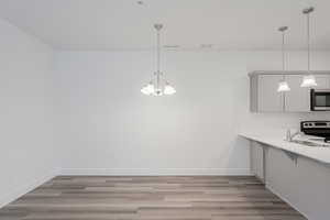 Kitchen with stainless steel appliances, sink, pendant lighting, a chandelier, and light hardwood / wood-style floors