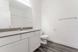 Bathroom featuring wood-type flooring, vanity, walk in shower, and toilet