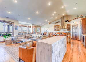 Living room featuring high vaulted ceiling and light hardwood / wood-style flooring