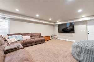 Carpeted living room featuring a tray ceiling