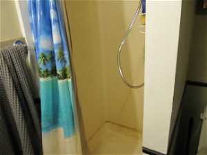 Basement Bathroom featuring a shower with shower curtain
