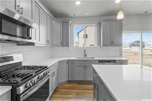 Kitchen featuring dark hardwood / wood-style floors, backsplash, appliances with stainless steel finishes, and sink