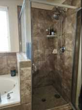 Bathroom with independent shower and bath and a healthy amount of sunlight