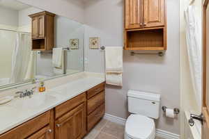 Bathroom with tile floors, toilet, and vanity