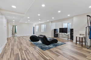 Family room with light hardwood/wood-style floors and walk out basement