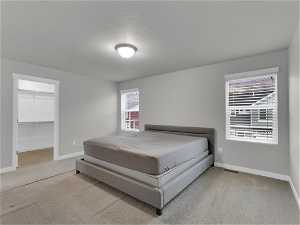 Bedroom with light colored carpet, a walk in closet, a closet, and a textured ceiling