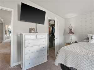 Bedroom with a spacious closet, light carpet, and a closet