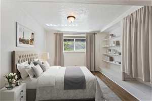 *Virtually Staged* Bedroom with a textured ceiling and dark wood-type flooring