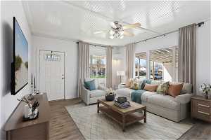 *Virtually Staged* Living room with ceiling fan and light hardwood / wood-style floors