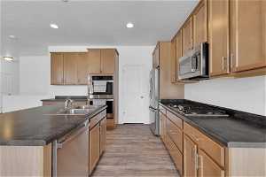 Kitchen with light hardwood / wood-style flooring, sink, stainless steel appliances, and a kitchen island with sink
