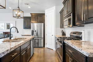 Kitchen with appliances with stainless steel finishes, sink, backsplash, and a notable chandelier