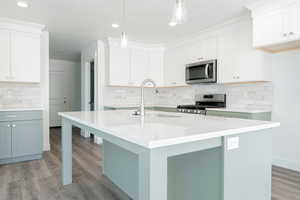 Kitchen featuring appliances with stainless steel finishes, light hardwood / wood-style flooring, pendant lighting, and tasteful backsplash