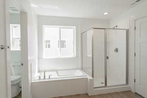 Bathroom featuring hardwood / wood-style floors, a wealth of natural light, and toilet