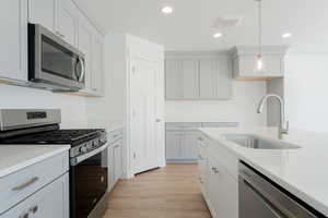 Kitchen featuring light wood-type flooring, hanging light fixtures, white cabinetry, sink, and stainless steel appliances