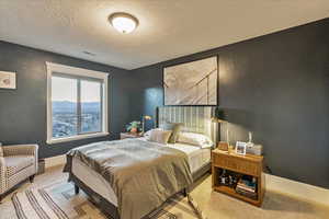 Carpeted bedroom featuring a textured ceiling