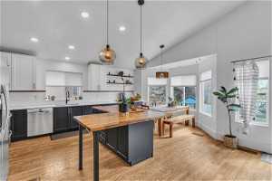 Kitchen featuring stainless steel dishwasher, hanging light fixtures, backsplash, and white cabinets