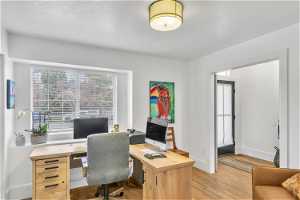 Office with light hardwood / wood-style floors and a textured ceiling