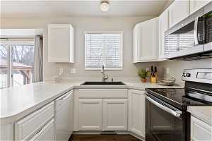 Kitchen featuring white cabinetry, sink, stainless steel appliances, and plenty of natural light