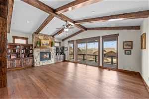 Great room with vaulted ceilings & timber beams