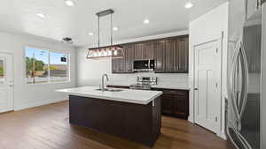 Kitchen with dark hardwood / wood-style flooring, a kitchen island with sink, dark brown cabinets, appliances with stainless steel finishes, and sink