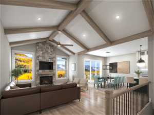 Living room featuring ceiling fan, vaulted ceiling with beams, light wood-type flooring, and a stone fireplace