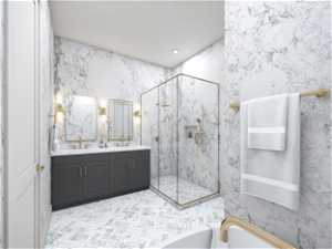 Bathroom with tile floors, shower with separate bathtub, and vanity