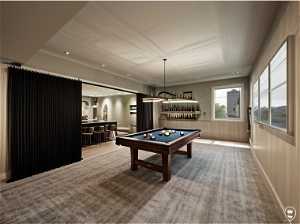 Rec room featuring carpet flooring, indoor bar, and pool table