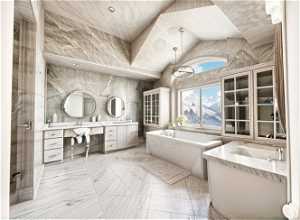 Bathroom featuring tile walls, vaulted ceiling, a washtub, double vanity, and tile floors