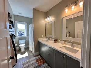 Bathroom with vanity with extensive cabinet space, a textured ceiling, double sink, toilet, and wood-type flooring