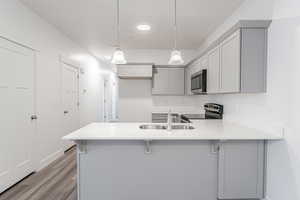 Kitchen featuring sink, kitchen peninsula, light hardwood / wood-style floors, stainless steel appliances, and pendant lighting