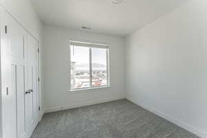 Unfurnished bedroom featuring a textured ceiling and carpet flooring