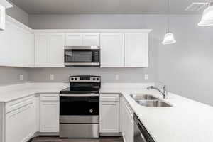 Kitchen with white cabinets, dark wood-type flooring, sink, pendant lighting, and stainless steel appliances