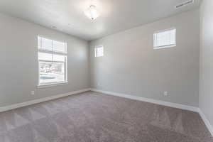 Carpeted spare room with a textured ceiling