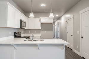 Kitchen featuring white cabinets, stainless steel appliances, and hanging light fixtures