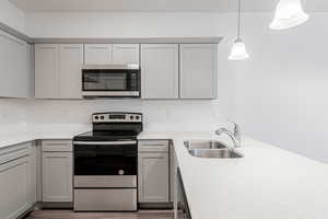 Kitchen with hanging light fixtures, appliances with stainless steel finishes, gray cabinets, sink, and light hardwood / wood-style floors