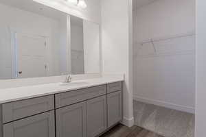 Bathroom featuring vanity and hardwood / wood-style flooring