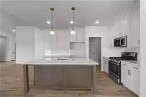 Kitchen with white cabinets, stainless steel appliances, light hardwood / wood-style floors, and a kitchen island with sink