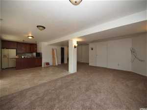 Lower level living room with light carpet