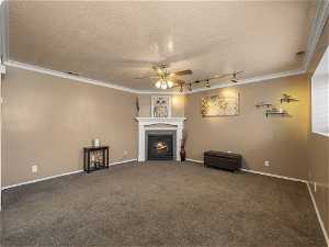 Living room featuring ceiling fan, a textured ceiling, rail lighting, dark colored carpet, and ornamental molding