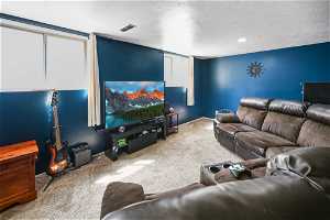Home theater with light carpet and a textured ceiling