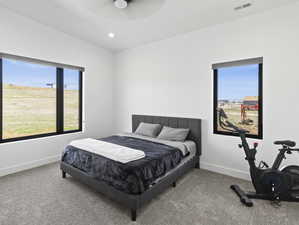 Carpeted bedroom featuring ceiling fan