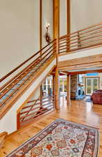 Staircase with copper railings and cat walk